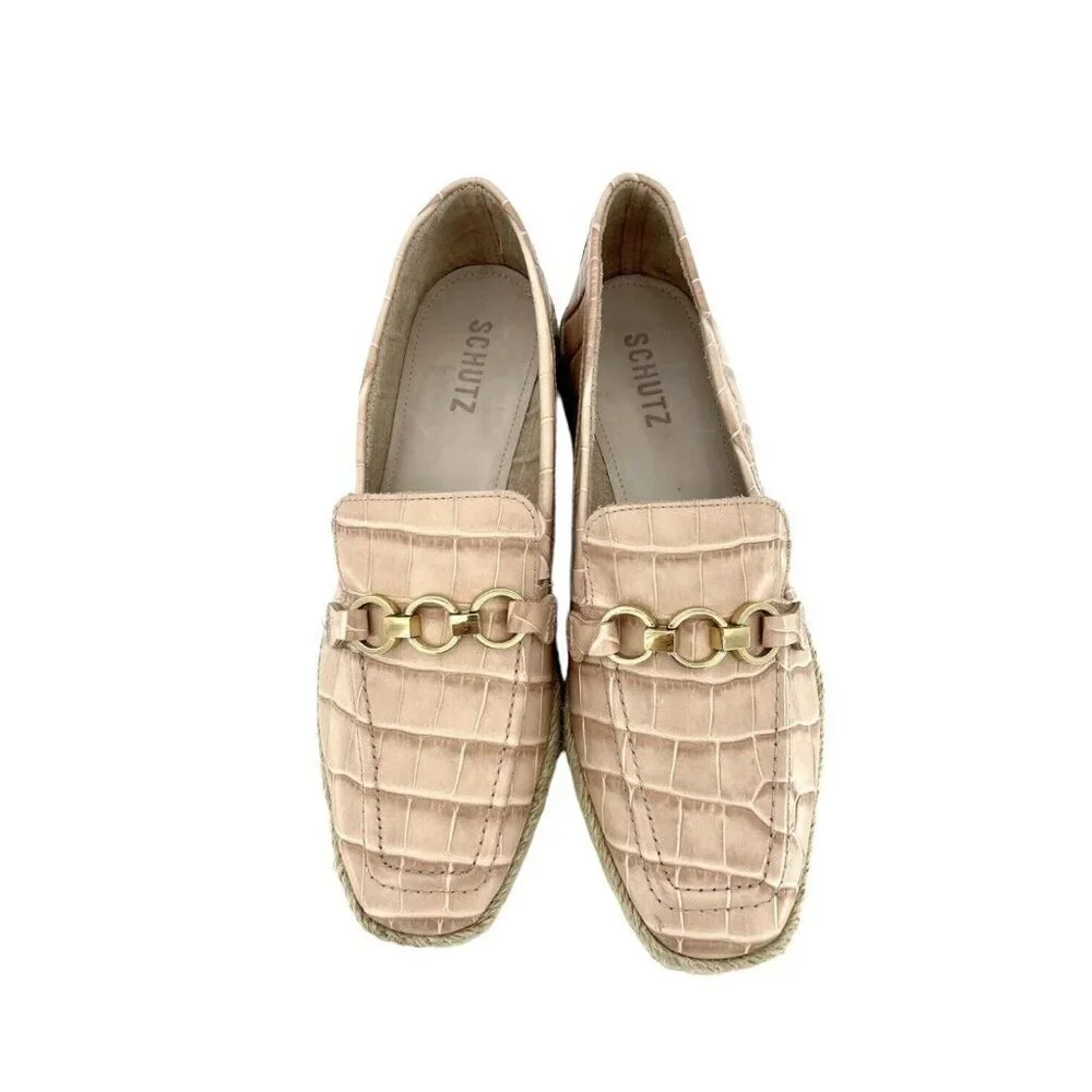 Schutz Loafers Patty Crocodile Embossed Pink Leather Flats SZ 7.5 New